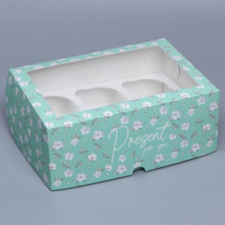 Capcake box, confectionery packaging with a window, 6 cells "Green Pattern", 25 x 17 x 10 cm