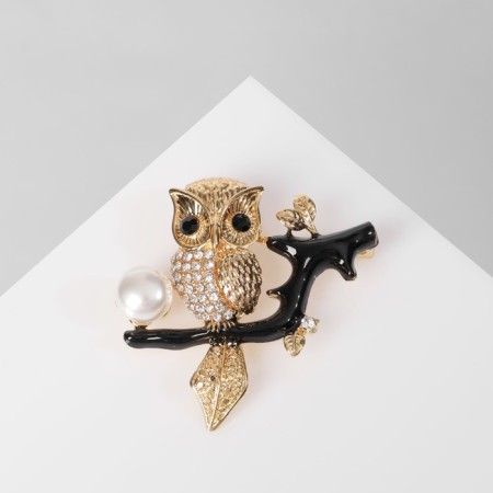 Brooch "Eagle" on a branch, black and white color in yellow gold-1
