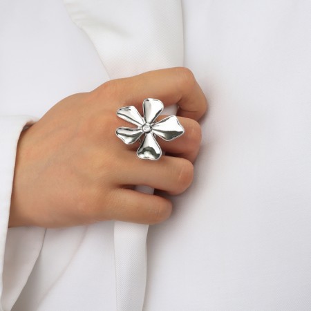 Ring metal "Flower" sakura, white color in silver, dimensionless-3