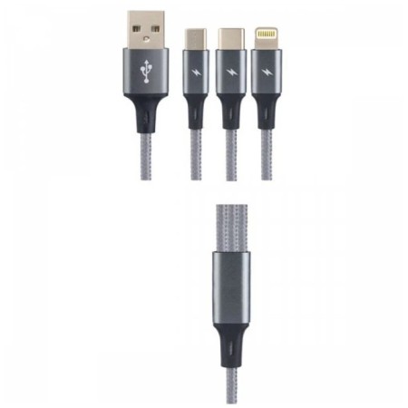 Cable 3 in 1 Perfeo, USB - Microusb/Lightning/Type -C, 3 A, 1.2 m, black