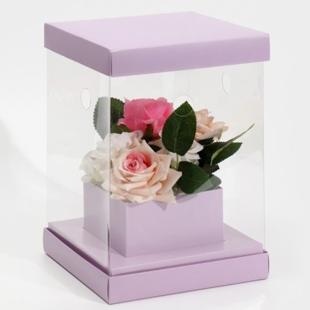 Gift box for flowers with a vase and PVC windows folding, packaging, "lavender", 16 x 23 x 16 cm-1