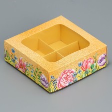 Box for sweets, confectionery packaging, 4 cells, “Flowers”, 10.5 x 10.5 x 3.5 cm