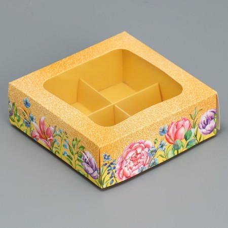 Box for sweets, confectionery packaging, 4 cells, “Flowers”, 10.5 x 10.5 x 3.5 cm