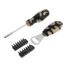 A set of tools in the blist of the tundra, opener, screwdriver with bats, 16 items