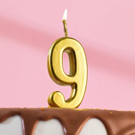 Candle in a cake on a skewer, number 9, gold, 4.5x2.5 cm