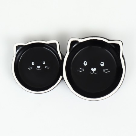Ceramic bowl “cat family” 40/60 ml double 19 x 10.5 x 3.5 cm, black and white-4