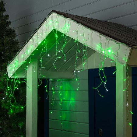 Garland "fringe" 3 × 0.6 m, IP44, UMS, transparent thread, 160 LED, green glow, white flicker, 220 V