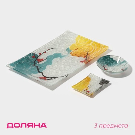 SUSHIC SUSHIC made of glass “Abstraction”, 3 objects: sauces 8 × 2 cm, 8 × 6 cm, stand 25 × 15 × 2 cm