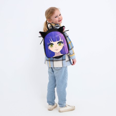 School textile backpack with ears on the hairpins "Anime", 27x23 cm, black/purple-20