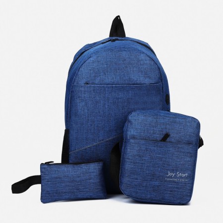 Set of a youth backpack on a zipper of textiles with USB, bag, cosmetic bag, blue color-1