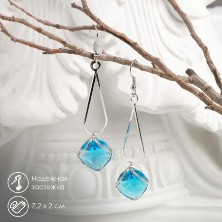 Hanging earrings with rhinestones "drop with a rhombus", blue color in silver, 7.2 cm