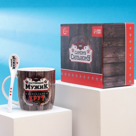 Ceramic mug with a spoon "Real man", 350 ml, white color-3