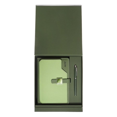 Organizer on the rings A6+, 80 sheets, leatherette, with a knife, a line, with a handle, in a gift box, green-1