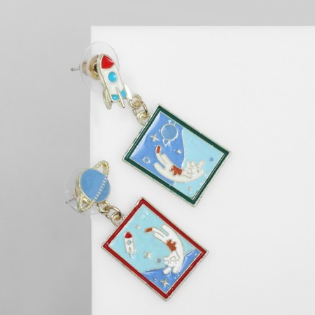 Emall earrings "Cosmos" and cats, white-blue color in gold-1