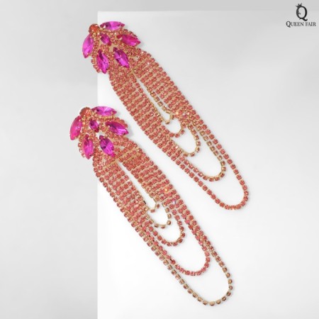Hanging earrings with rhinestones "Magic" drops and waterfall, pink color in gold, 14 cm-1