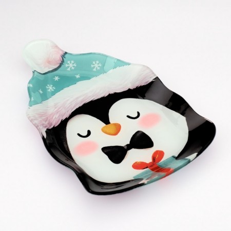 New Year. Glass plate "Penguin", 13.8 x 20.5 cm-1