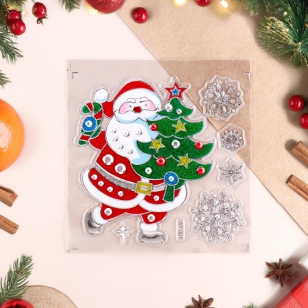 Stickers on the windows "New Year" Santa Claus with a Christmas tree, 21.5 x 16.5 cm