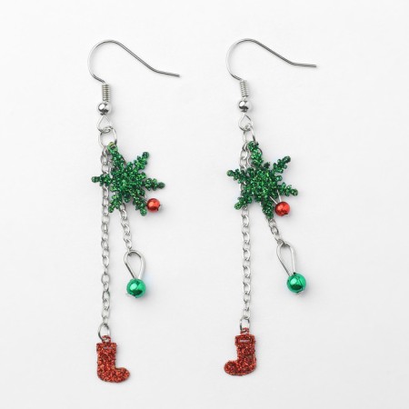 New Year! Earrings "New Year" hanging, snowflake on a chain, red-green color in silver-1