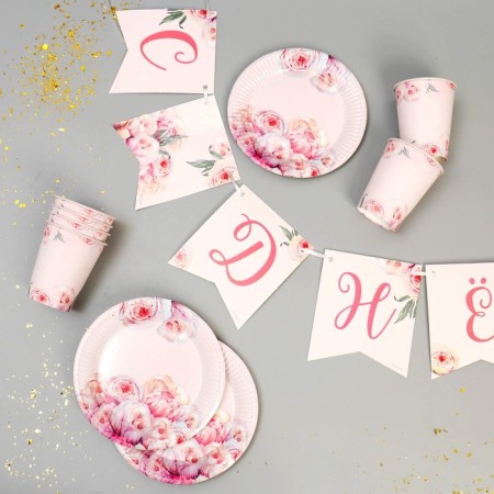 Set of paper dishes disposable delicate peonies "-2