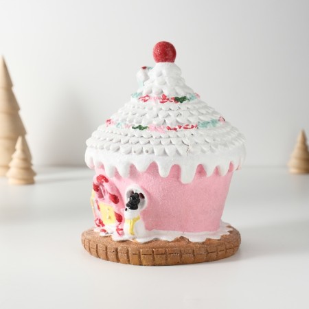 Souvenir Polystone Light "Gingerbread House Pink in the Glazes with a snowman" 11.5x11.5x15 cm-2