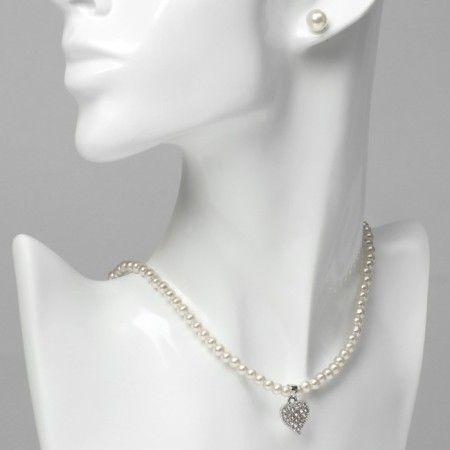 Set 2 objects: earrings, necklace "ease" heart, white color in silver, 45 cm