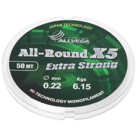 Monophile Flack ALLVEGA All-ROUND X5, diameter 0.22 mm, test 6.15 kg, 50 m, transparent