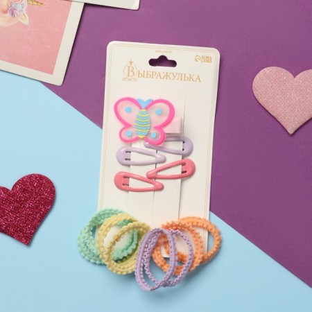 Hair set "Ray" (8 elastic band 3 cm, 4 invisibility 3 cm, clamp 4 cm) butterfly, mix
