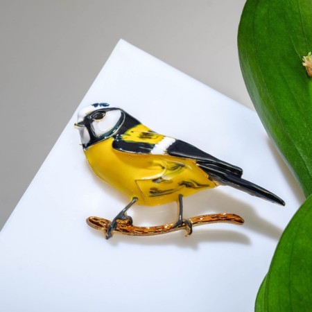 Brooch "Bird" tit, black and yellow in gold