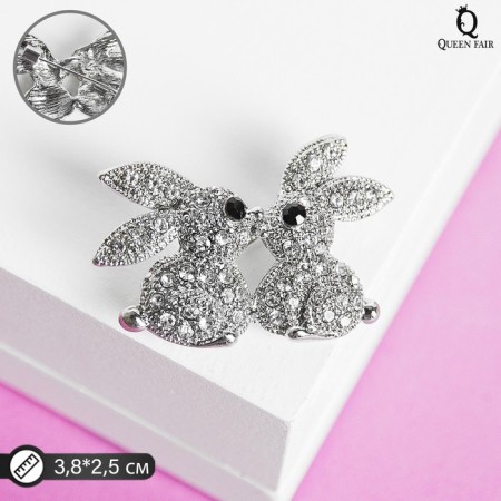 Brooch "Rabbits" kids, white color in silver