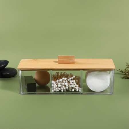 Bamboo organizer for storage, with a lid, 3 sections, 23.3 × 9.4 × 8.9 cm, the color is transparent/brown-8