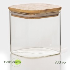 Банка стеклянная для сыпучих продуктов с бамбуковой крышкой BellaTenero «Эко. Квадратная», 700 мл, 10×10,5 см