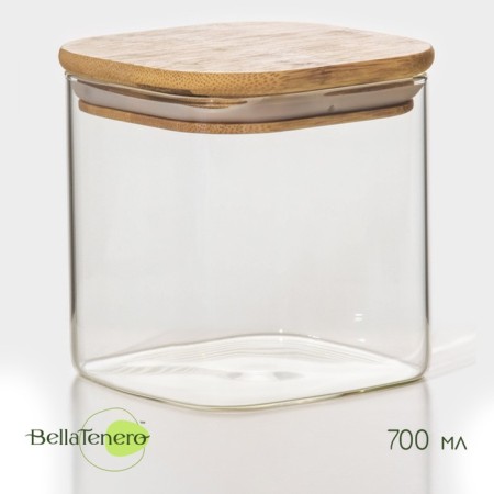 Glass Bank for bulk products with bamboo cover Bellatenero "Eco. Square ", 700 ml, 10 × 10.5 cm