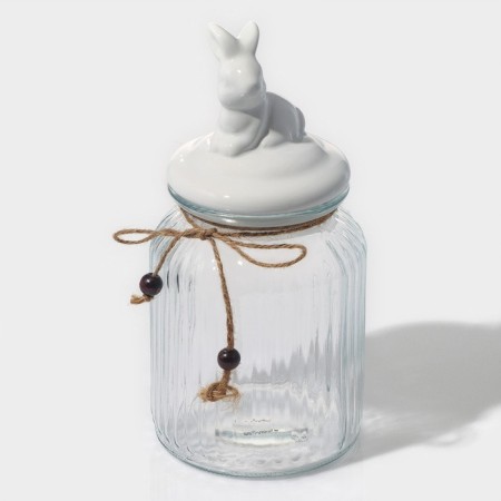 Glass Bank for bulk products with a ceramic lid of the bunny, 950 ml