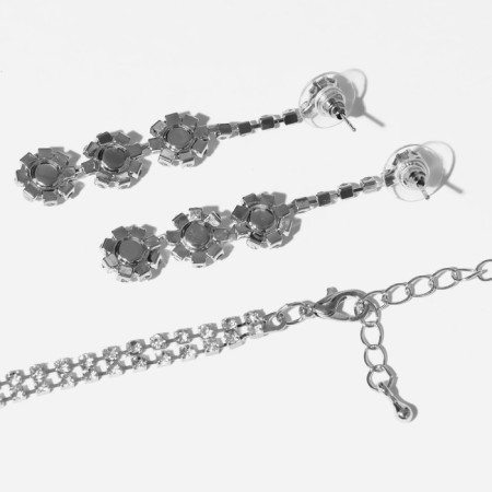 Set 2 objects: earrings, necklace "chic" circle, white color in silver, 30 cm-1