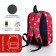 A backpack with a zipper, external pocket, red color