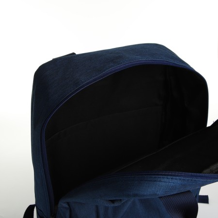 A backpack of textiles with a zipper, 3 pockets, a laptop, blue color-5