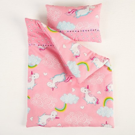Bed linen for dolls "Unicorn on Pink", sheet, blanket, pillow-2