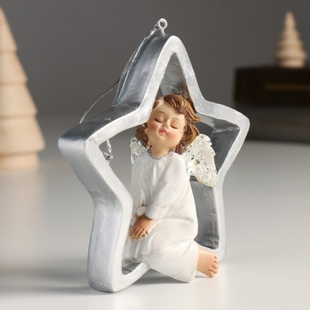 Souvenir Polystone Suspension "Angel on the Star" Silver Wings 4.5x11x11 cm-1