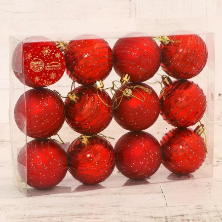 Set of balls plastic D-6 cm, 12 pcs "Glitter chain" red-1
