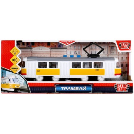 Model "Tram", 21.5 cm, 3 buttons, light light, inertia, yellow color