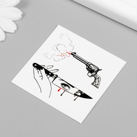 Black-red tattoo on the body "knife and gun" 6x6 cm-1