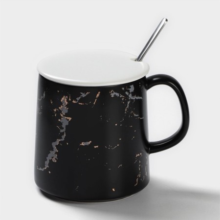 Ceramic mug with a spoon "Black marble", 350 ml, black color
