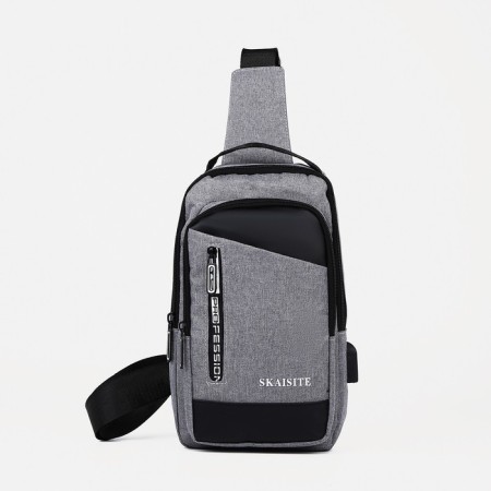 Male sling bag from textiles, with USB, gray color-2