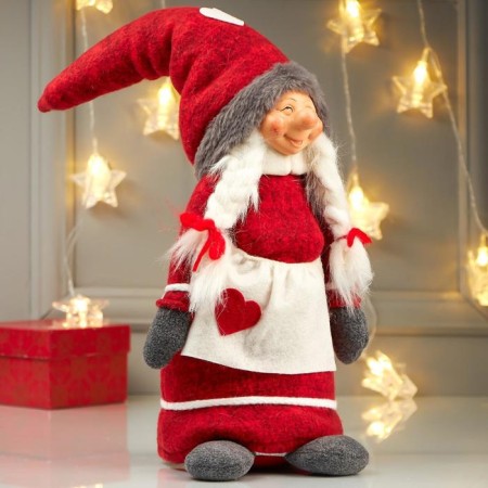 Interior doll "Grandma in a red outfit, with a heart on the apron" 52x12x18 cm-1