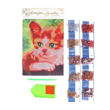 Diamond mosaic with partial filling on the canvas "Kitten", 15 x 21 cm-2