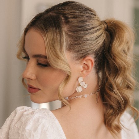 Emall earrings "Flower" half, white color in gold-3
