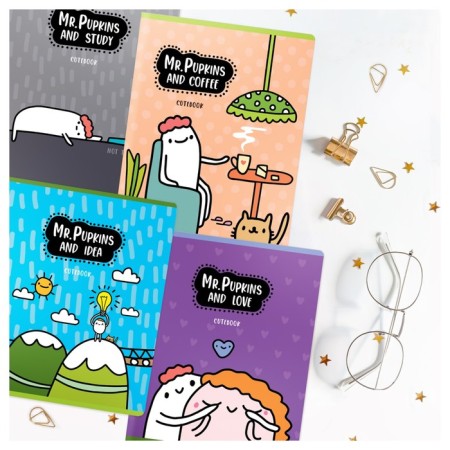 Notebook 48 sheets in the Meshu Mr. Pupkins, cover coated cardboard, twin-lak + selective UV-lak, OFSET block, mix-8