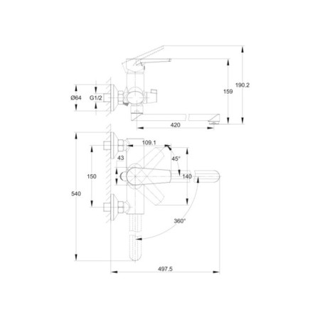Cersanit Moduo bath mixer, with a long pour, single -leaf, chrome-2