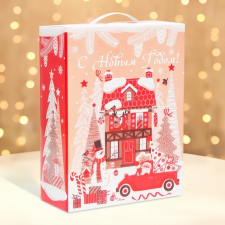New Year. Gift box New Year's box. Gift box with a plastic handle "Christmas trees" 23.5 x 10 x 30.5 cm.