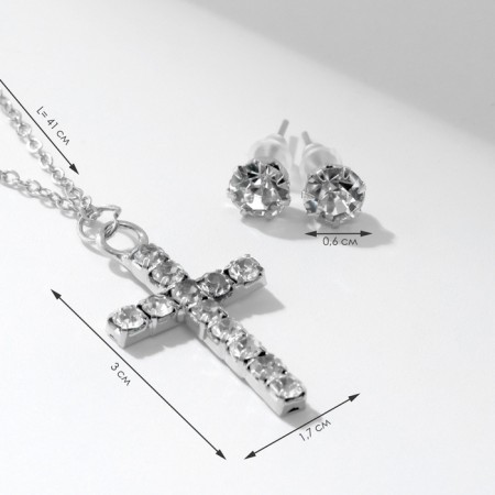 Set 2 objects: earrings, pendant “cross”, white color in silver, 43 cm-1